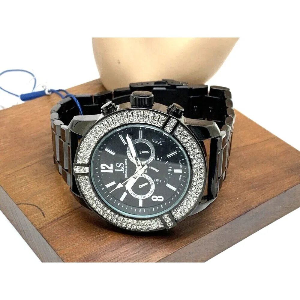 Joshua & Sons Men's Watch JS81BK Quartz Gemmed Black Dial Stainless Steel 52mm